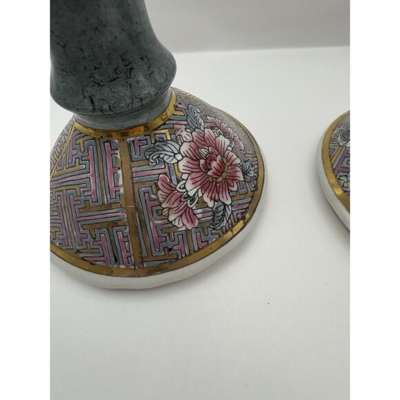 Vintage Hand Painted Chinoiserie Floral Trinket Dish & Matching Candle Sticks! - Picture 5 of 14